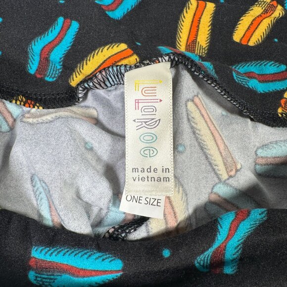 LuLaRoe Macaroon Black Blue Hot Dogs Sandwich Cookies Yellow Leggings One Size - Picture 3 of 6